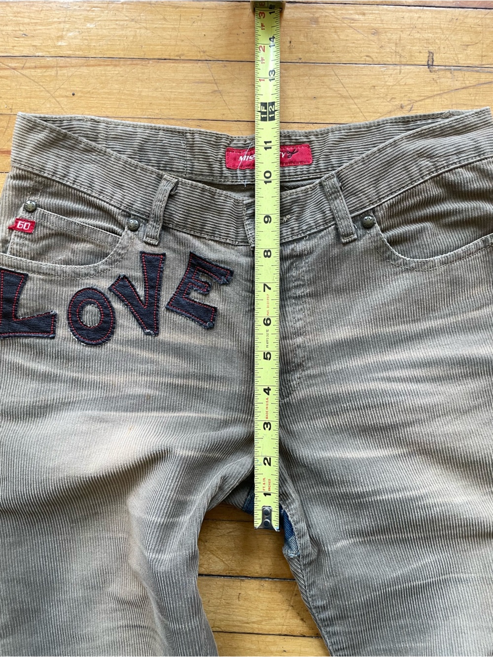 Y2K Miss Sixty Vintage Patchwork Love Flare Corduroy Jeans 26 Euro Hippy - Picture 14 of 16